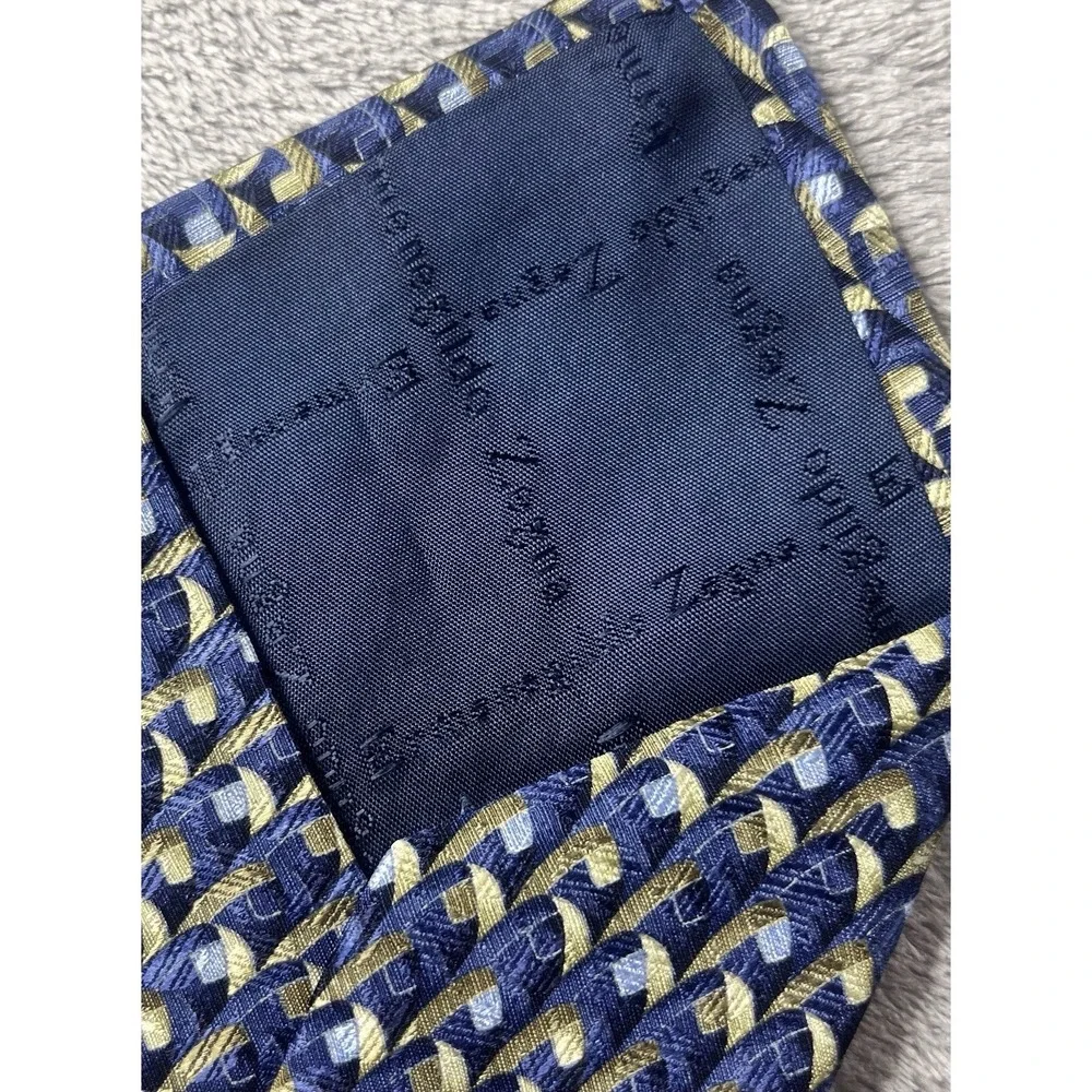Ermenegildo Zegna‎ Silk Tie Blue Gold Geometric Woven Made in Italy Mens Necktie